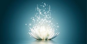 personal development -Illustration of lotus with with points of light emerging into the air, learn mind power.