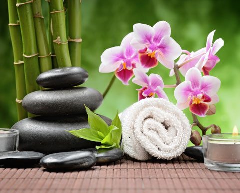 Total Wellness, Stack Of Smooth Stones, Pink Orchids, Rolled Up Towel With Bamboo