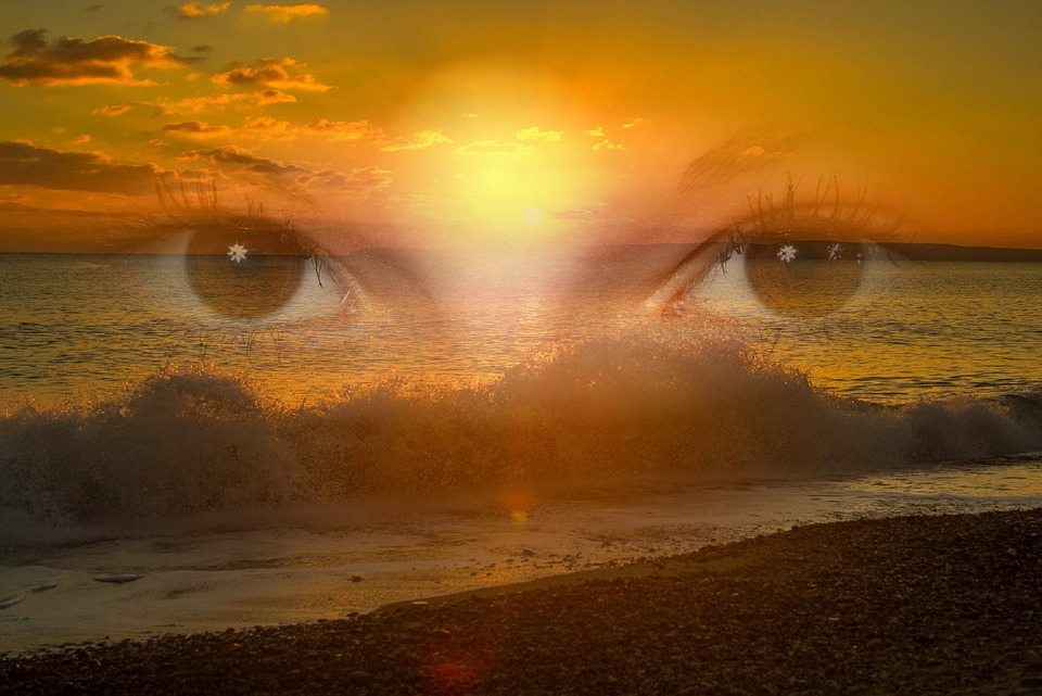 benefit of meditation eyes double exposed over ocean sunset third eye