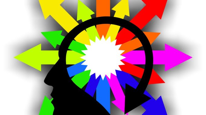 Subliminal Audio Illustration Of Rainbow Colored Arrows Coming Out Of The Center Of A Mans Head