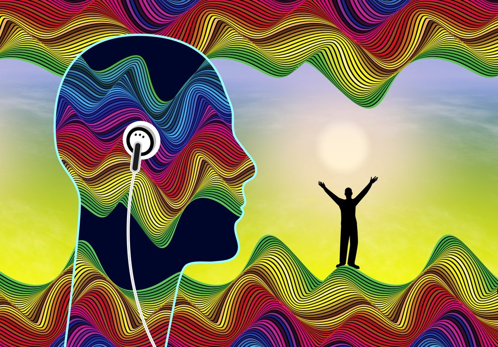 Subliminal message computer generated image with a mans bald head the left side filled with rainbow waves listening to ear buds with a silhouette of a man standing with arms out stretched over head with a yellow sun over his head with rainbow waves on top and below the images