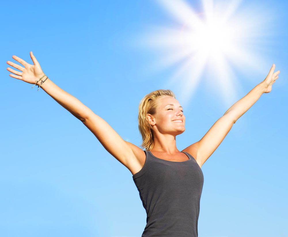 Benefits of Meditation Healthy Young Woman Over Blue Sky
