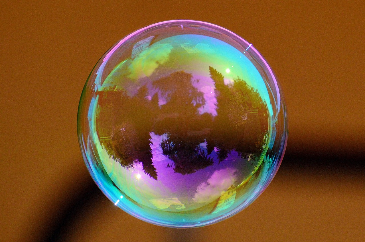 Visualization Techniques iridescent bubble with a tree lined lake in its reflection