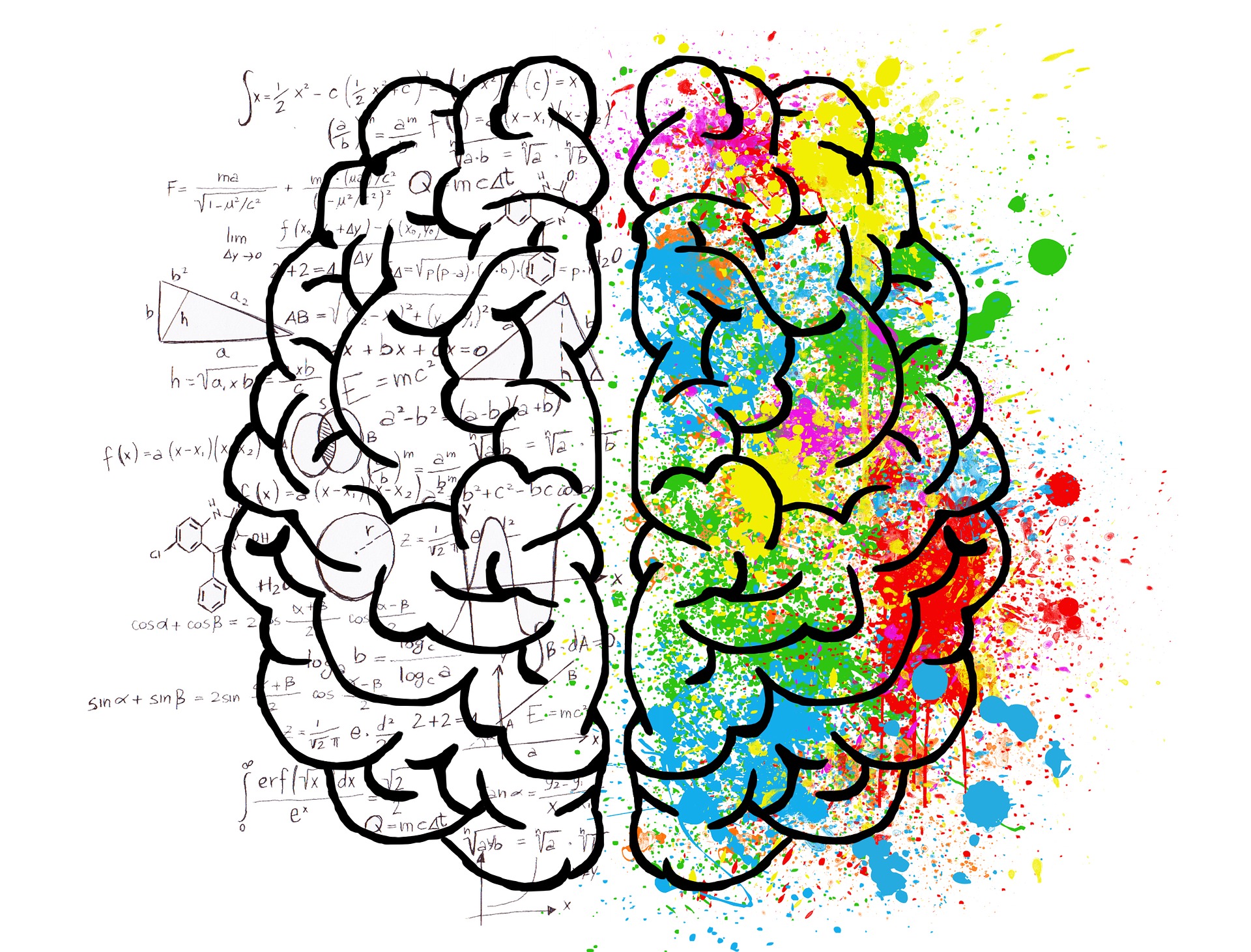The power of the mind -a black out line of the two parts of the brain left side with math and chemistry equations the left with rainbow colored paint splashes