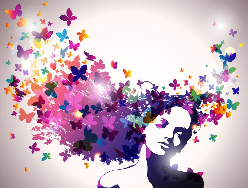 Psychic Abilities, a colorful drawing of a women with her eyes closed and butterflies surrounding her long hair