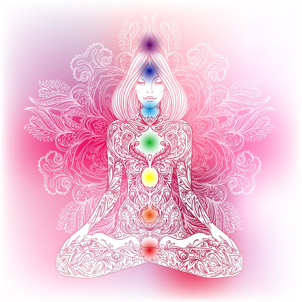 Psychic Abilities, graphic drawing of a women meditating with floral designs all over her and background, set against pink with the chakras colored in
