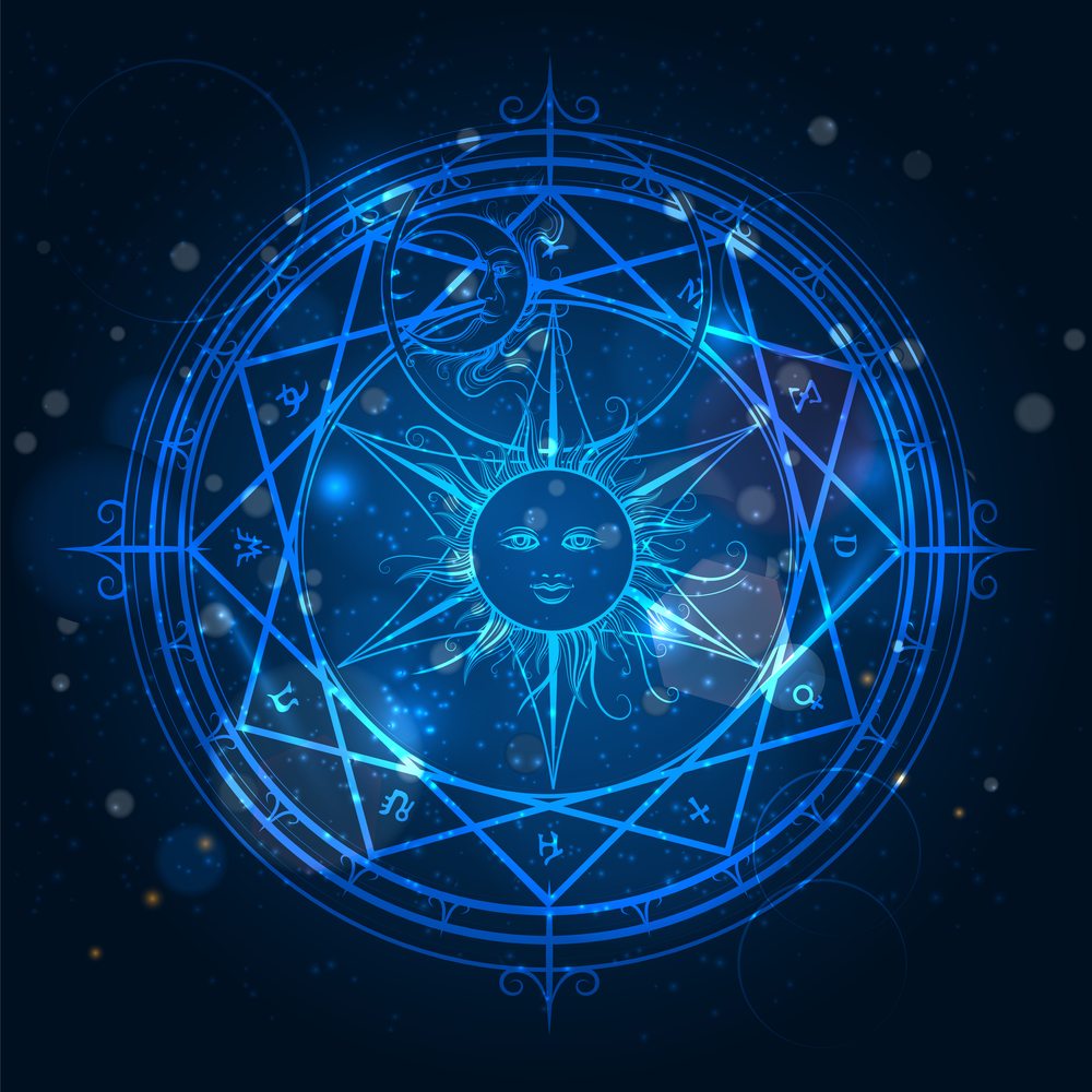 Psychic Abilities, a blue cosmic symbol of the sun and moon with other astrology symbols surrounding it in circles set against black 