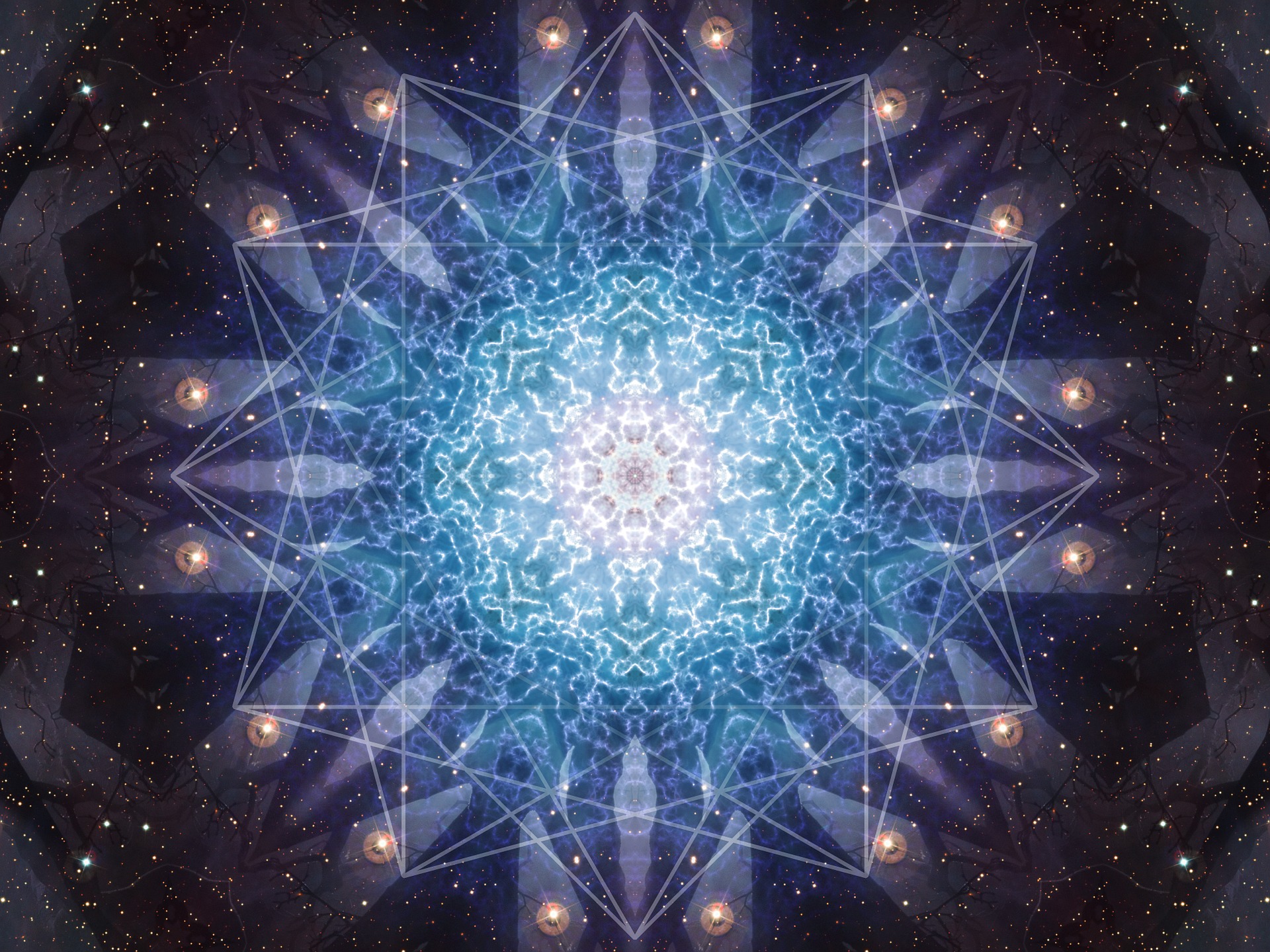 higher consciousness, mandala of different shades of blue light in the night sky