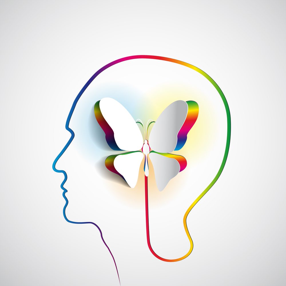 Positive affirmations head drawn in rainbow colors with a butterfly of rainbow colors underneath it