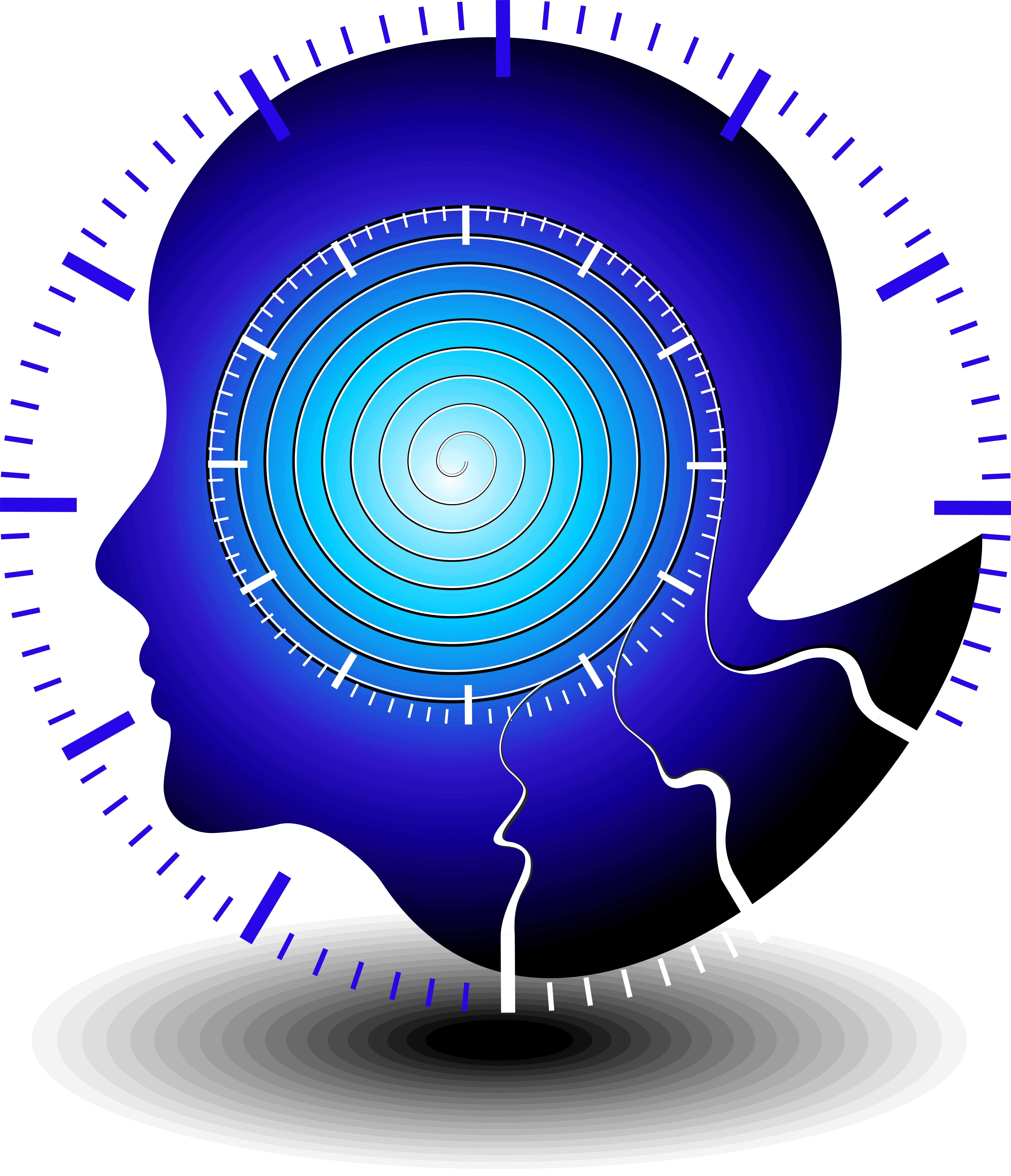 Self hypnosis for weight loss -a silhouette in blue of a head with a swirl in the middle out lined with time markings