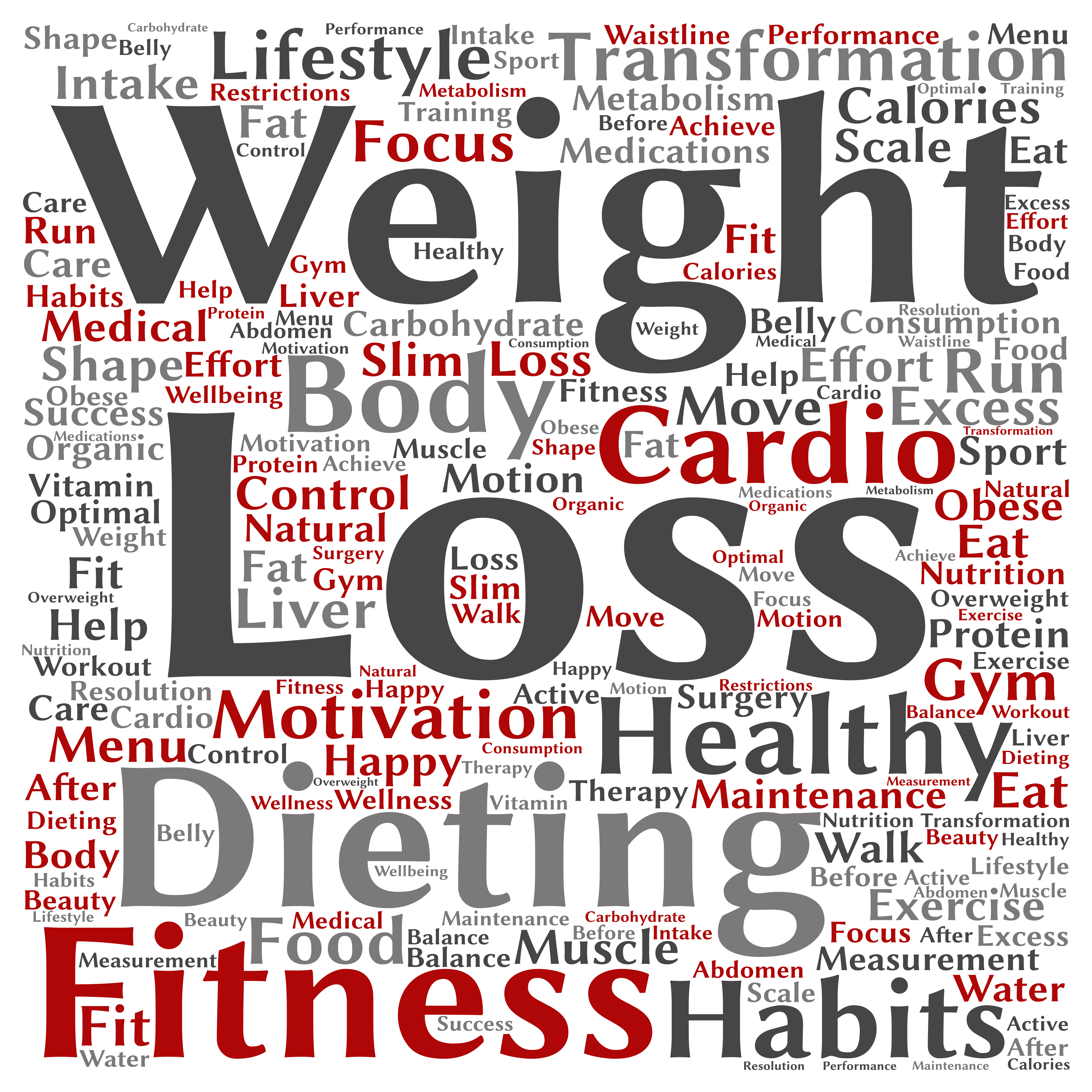 Self hypnosis for weight loss - a collage of weight loss and healthy lifestyle words in various sizes and shades of gray and red