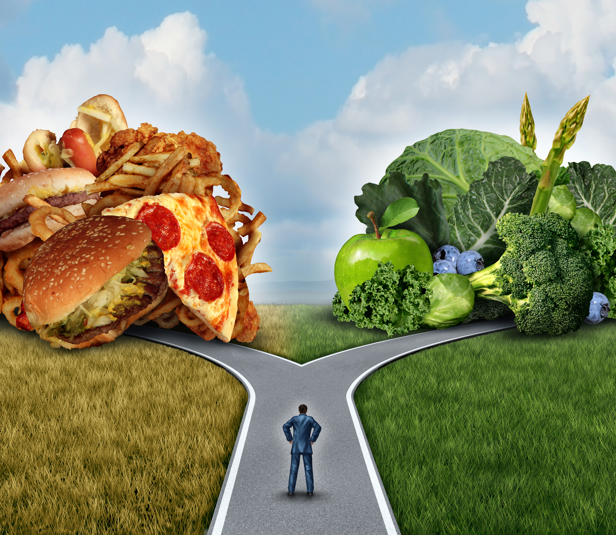 Self hypnosis for weight loss -a man in a suit standing at a crossroads of pizza and other junk food on the left and broccoli and other healthy food on the right
