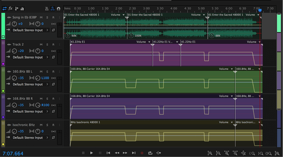 Music Therapy - screen shot of the Adobe Audition in action, showing different tracks from "Enter the Sacred.